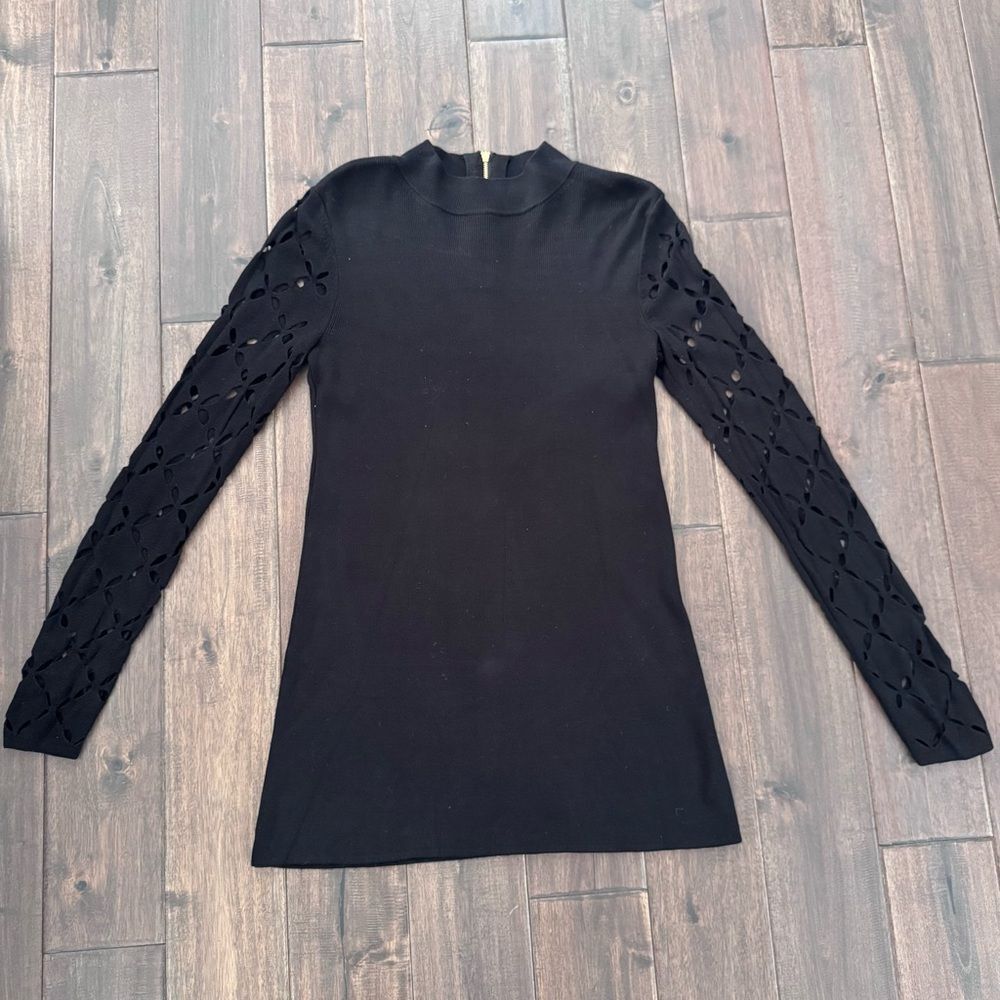 White House Black Market Black Mock Neck Floral Cutout Sleeve Zipper Sweater M